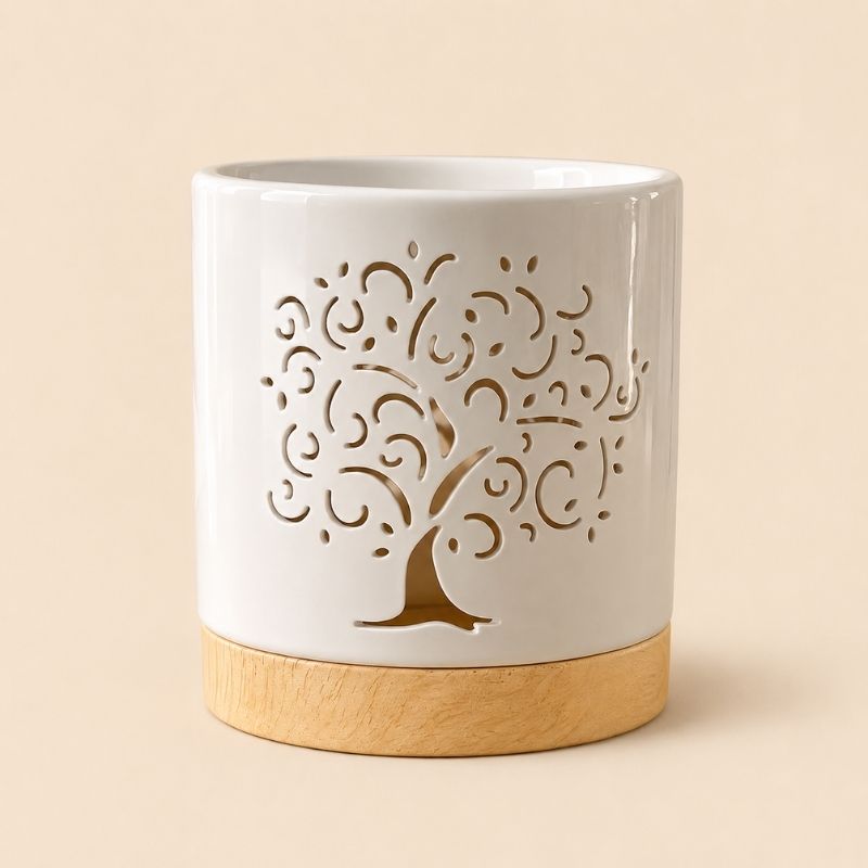 Brule Parfum Arbre de Vie Blanc en céramique avec base effet bois, idéal pour fondants parfumés et décoration intérieure apaisante.