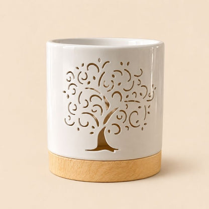 Brule Parfum Arbre de Vie Blanc en céramique avec base effet bois, idéal pour fondants parfumés et décoration intérieure apaisante.