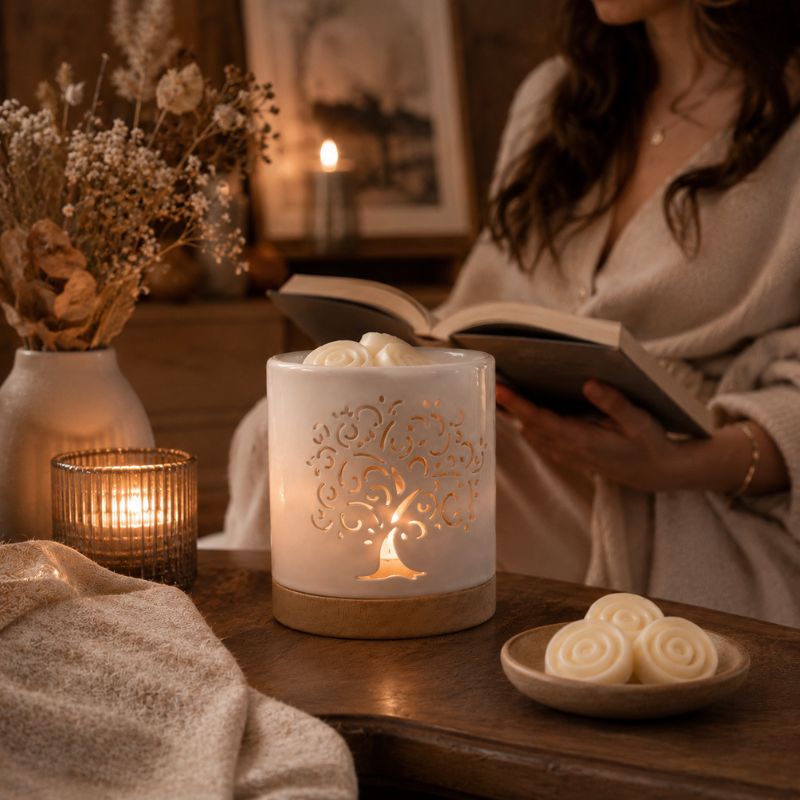 Brule Parfum Arbre de Vie Blanc allumé sur une table dans une ambiance cocooning, accompagné de fondants parfumés spirale et d’une personne profitant d’un moment de détente.