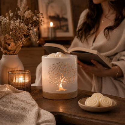 Brule Parfum Arbre de Vie Blanc allumé sur une table dans une ambiance cocooning, accompagné de fondants parfumés spirale et d’une personne profitant d’un moment de détente.