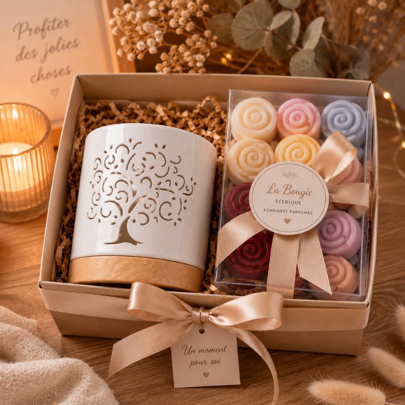Coffret cadeau Brule Parfum Arbre de Vie Blanc accompagné d’une sélection de fondants parfumés spirale colorés, présenté dans un élégant écrin pour une idée cadeau bien-être et cocooning.