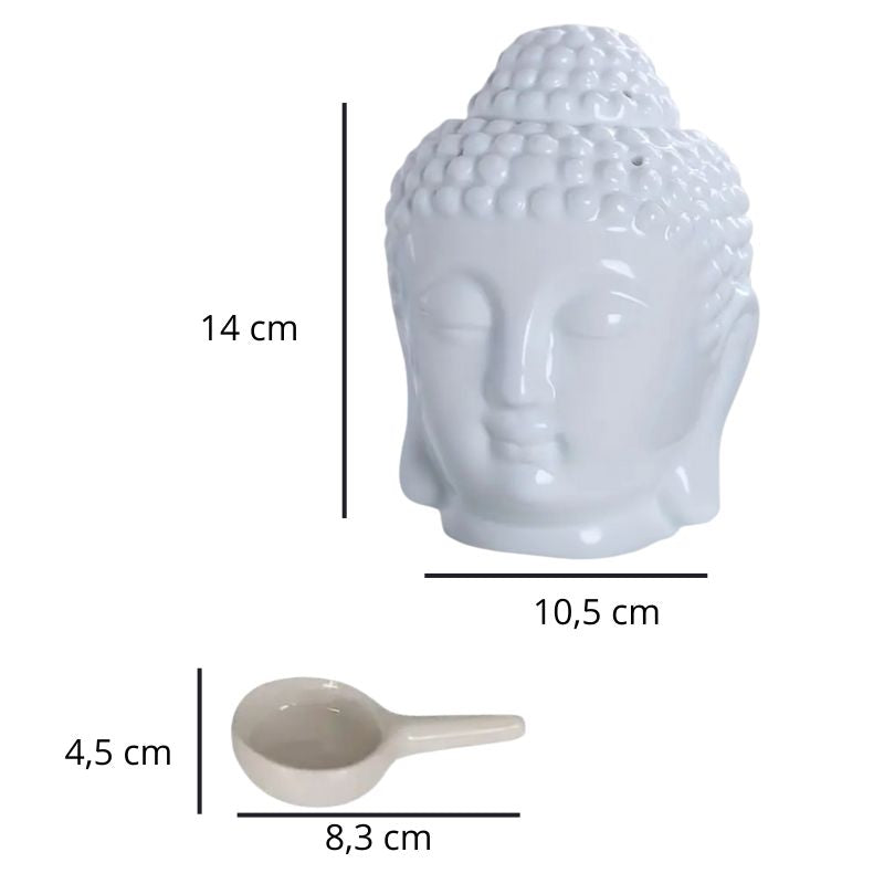 Brule Parfum Bouddha Blanc Élégant, avec ses dimensions et sur fond blanc.