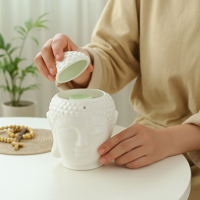 Brule Parfum Bouddha Blanc Raffiné, une personne ouvre le bruleur pour y incorporer du fondant parfumé. Ambiance zen.