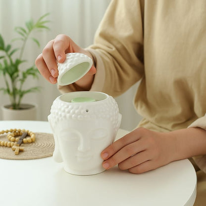 Brule Parfum Bouddha Blanc Raffiné, une personne ouvre le bruleur pour y incorporer du fondant parfumé. Ambiance zen.