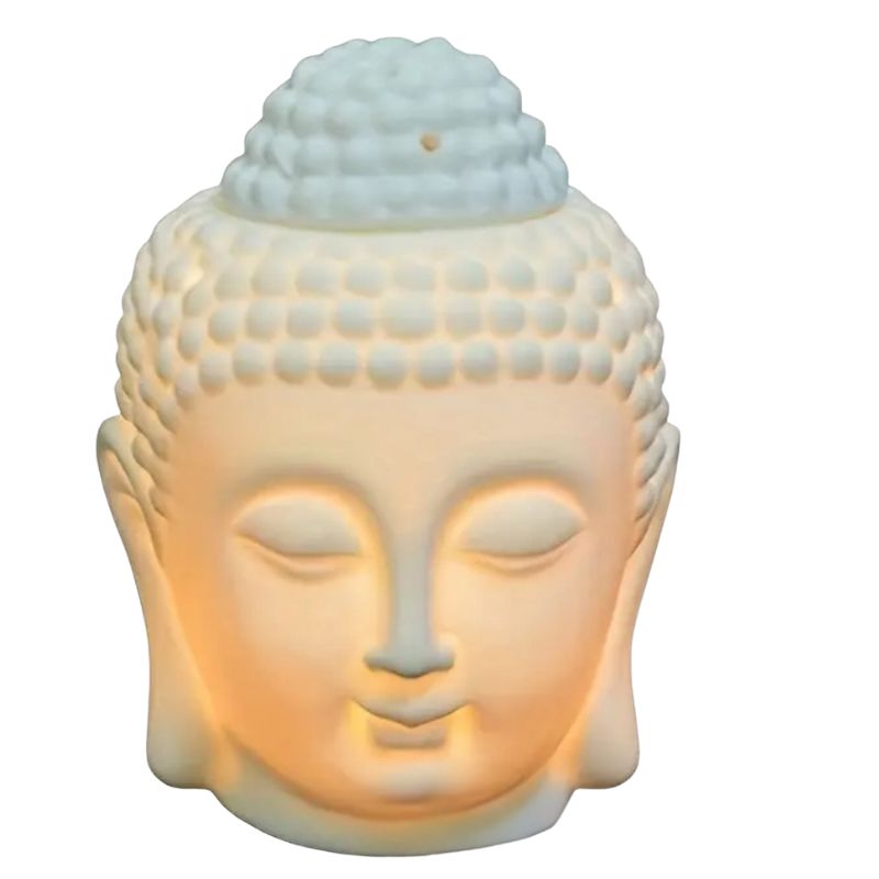 Brule Parfum Bouddha Blanc Raffiné, avec une bougie à l’intérieur, le brûleur s’illumine. Sur fond blanc.