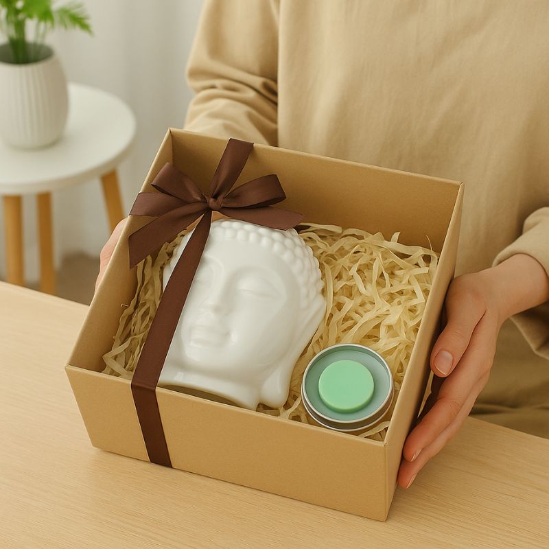 Brule Parfum Bouddha Blanc Raffiné, disposé dans un coffret-cadeau avec un fondant parfumé à côté. Une personne tient le coffret. Ambiance zen.
