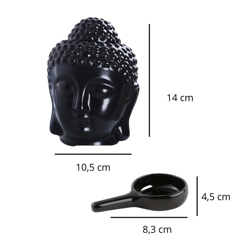 Brule Parfum Bouddha Noir Élégant, avec ses dimensions et sur fond blanc.