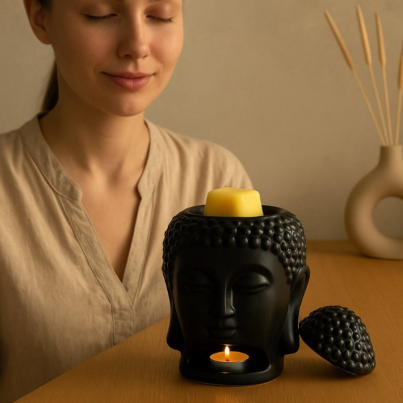 Brule Parfum Bouddha Noir Élégant, de couleur noire avec un fondant parfumé dedans, il y a un humain qui est à côté et qui apprécie l'odeur que le brule parfum diffuse. Ambiance zen.