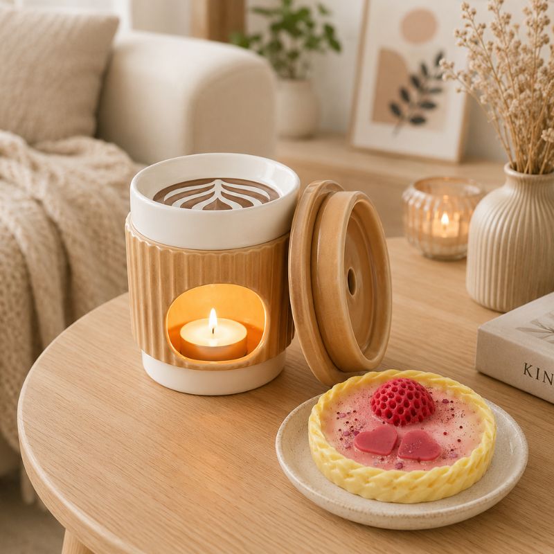 Brule Parfum Café À Emporter allumé avec fondant parfumé gourmand sur table scandinave.
