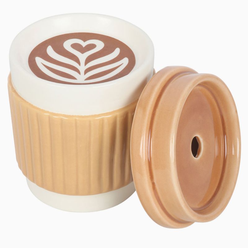 Brule Parfum Café À Emporter en céramique avec couvercle amovible et sur fond blanc.