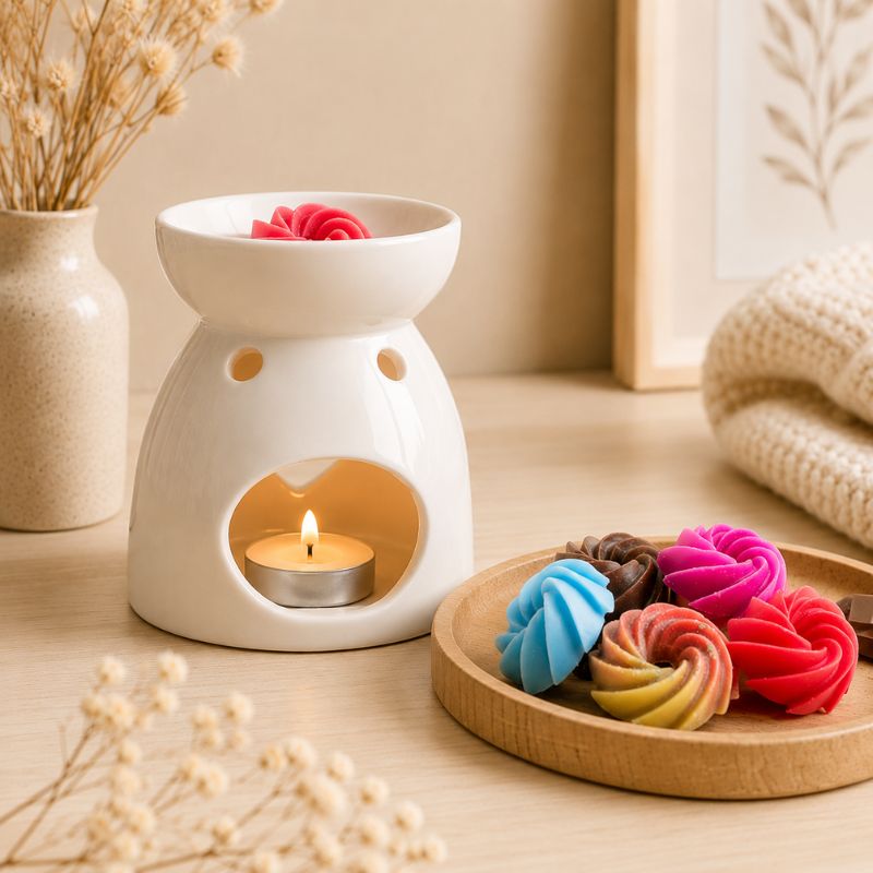 Brule Parfum Cœur Blanc en céramique avec bougie chauffe-plat allumée et fondant parfumé, accompagné de fondants parfumés colorés sur plateau en bois.