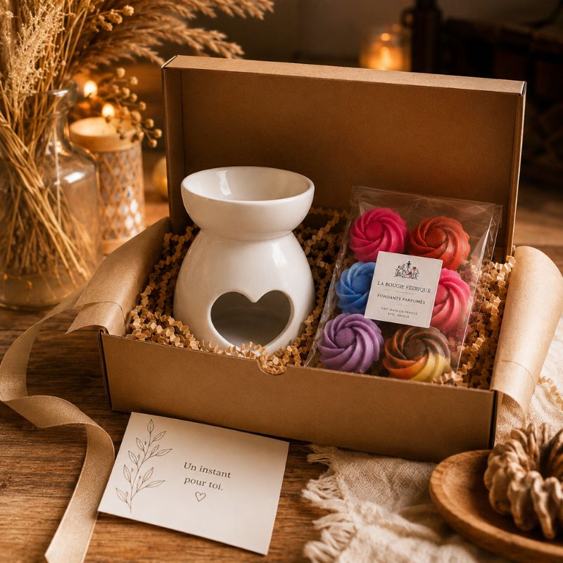Brule Parfum Cœur Blanc présenté dans un coffret cadeau avec fondants parfumés artisanaux, idée cadeau élégante pour parfumer la maison.
