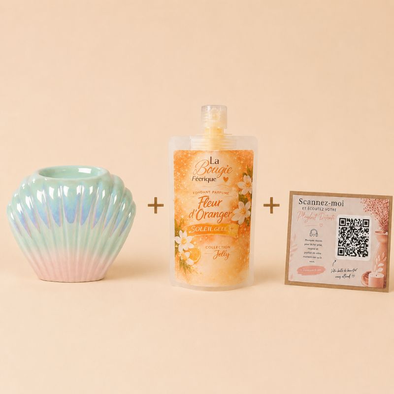 Coffret Détente avec Brule Parfum Coquillage Nacré, Fondant Fleur d’Oranger et Playlist Bien-Être et sur fond beige.