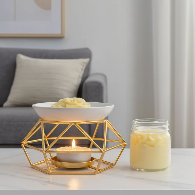 Brule Parfum géométrique doré design contemporain diffusant un fondant parfumé dans un salon.