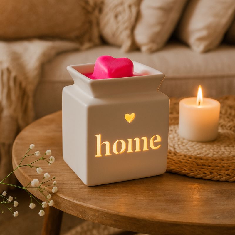 Brule Parfum Design Élégant, posé sur une table basse en bois, avec une bougie allumée à l’intérieur et du fondant rose dessus, dans une ambiance bohème.