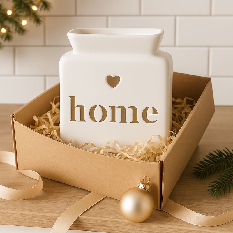 Brule Parfum Design Élégant, disposé dans un coffret cadeau et posé sur une table en bois. Ambiance festive.