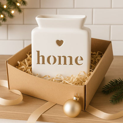 Brule Parfum Design Élégant, disposé dans un coffret cadeau et posé sur une table en bois. Ambiance festive.