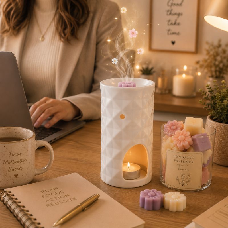 Brule Parfum Design Organique allumé sur un bureau avec bougie chauffe-plat et fondants parfumés, créant une ambiance apaisante propice à la concentration.