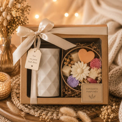 Coffret cadeau Brule Parfum Design Organique avec fondants parfumés, présenté dans un élégant emballage prêt à offrir pour toutes les occasions.