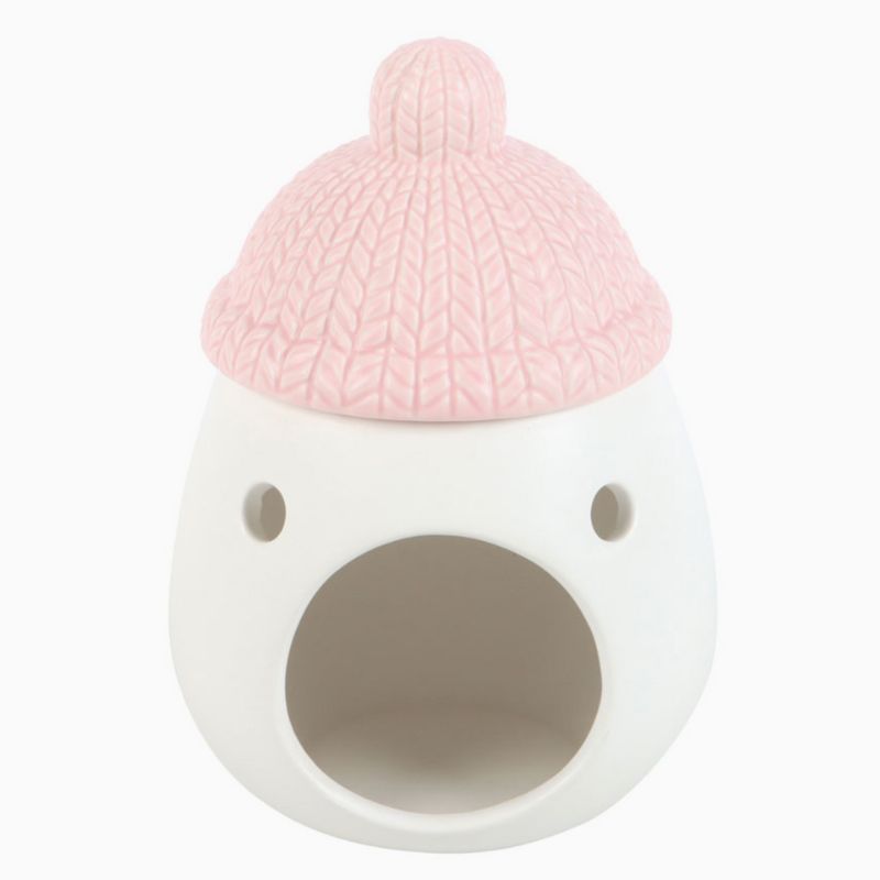 Brule Parfum Douceur Tricotée Rose, en céramique, vue arrière avec couvercle effet maille. Sur fond blanc.