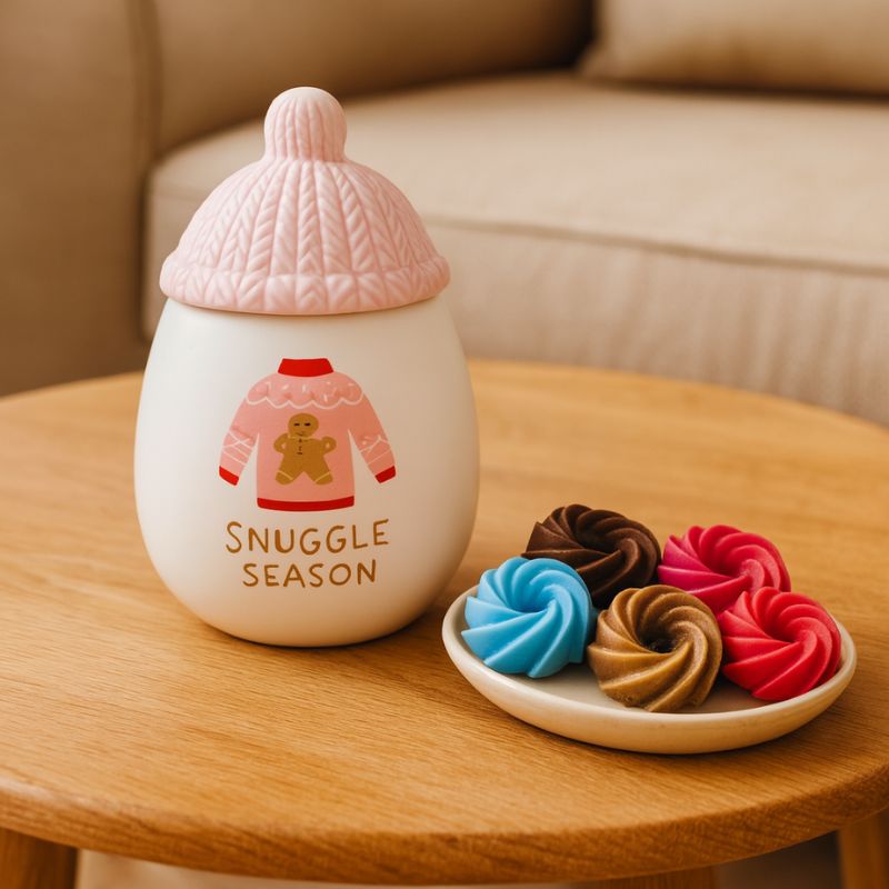 Brule Parfum Douceur Tricotée Rose, en céramique avec fondants parfumés colorés, ambiance cocooning hivernale.