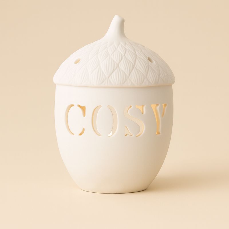 Brule Parfum Esprit Cocooning, de couleur blanche, en forme de noisette et sur  beige clair.