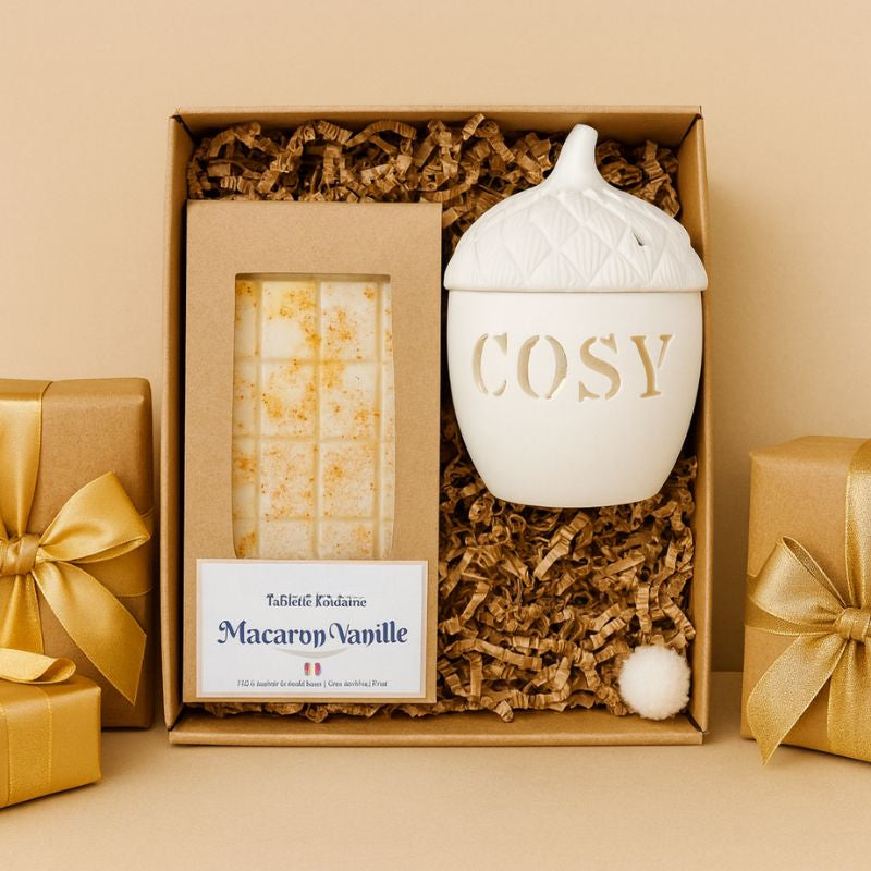 Brule Parfum Esprit Cocooning, présenté dans un coffret-cadeau avec une tablette de fondant parfumé à la vanille à côté. On peut voir des cadeaux autour du coffret et sur fond beige clair.