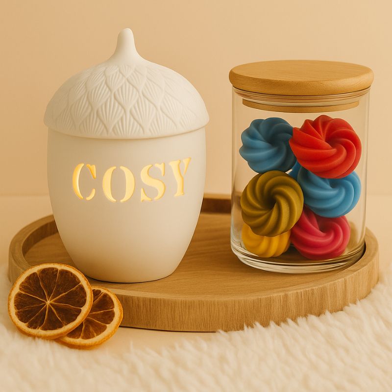 Brule Parfum Esprit Cocooning, disposé dans un plateau en bois avec un contenant en verre remplis de fondant spiral parfumé. Ambiance cocooning.