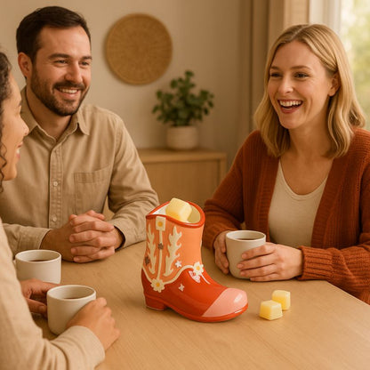 Brule Parfum Esprit Far West, le brûleur est posé sur une table et il y a des personnes assisent autour de celle-ci.
