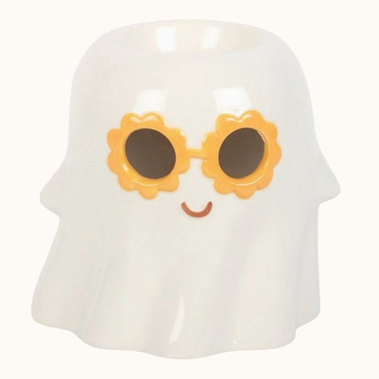 Brule Parfum Fantôme Décoratif en céramique blanche avec lunettes jaunes, vue de face et sur fond beige clair.