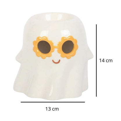 Brule Parfum Fantôme Décoratif en céramique, de couleur blanc, avec ses dimensions et sur fond blanc.