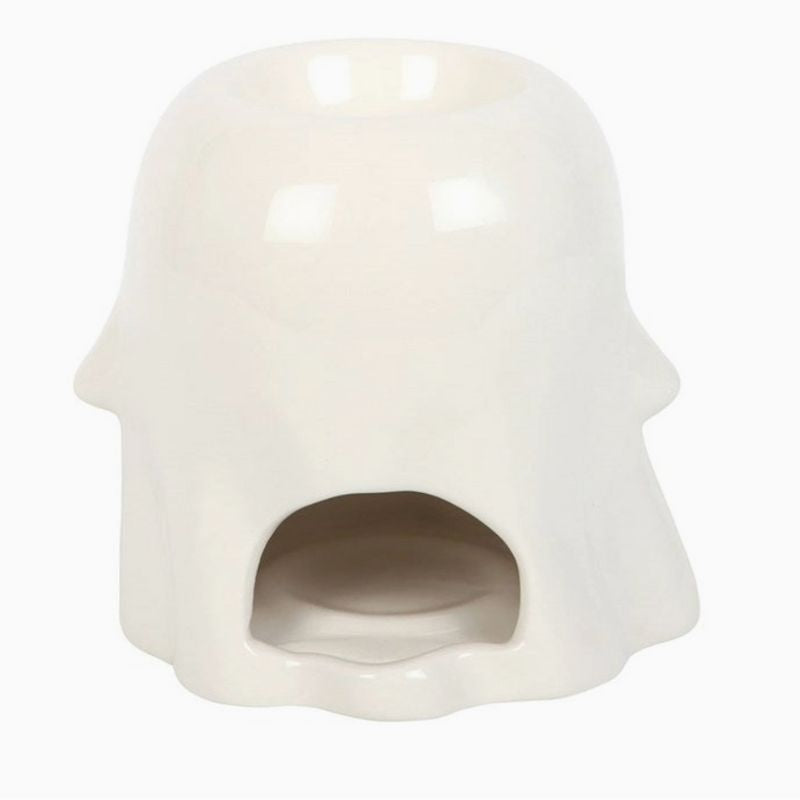 Brule Parfum Fantôme Décoratif, une prise de vue de l’arrière du brûleur parfumé, de couleur blanche et sur fond blanc.