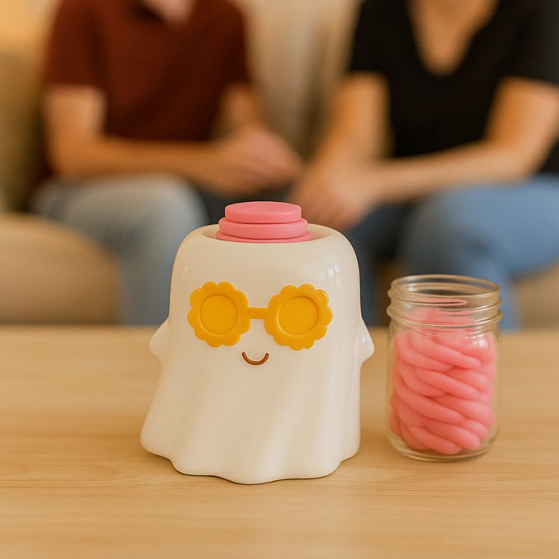 Brule Parfum Fantôme XL Stylé, le brûleur est posé sur une table en bois avec un pot de fondant crémeux rose, on peut observer des personnes en train de discuter en arrière plan.
