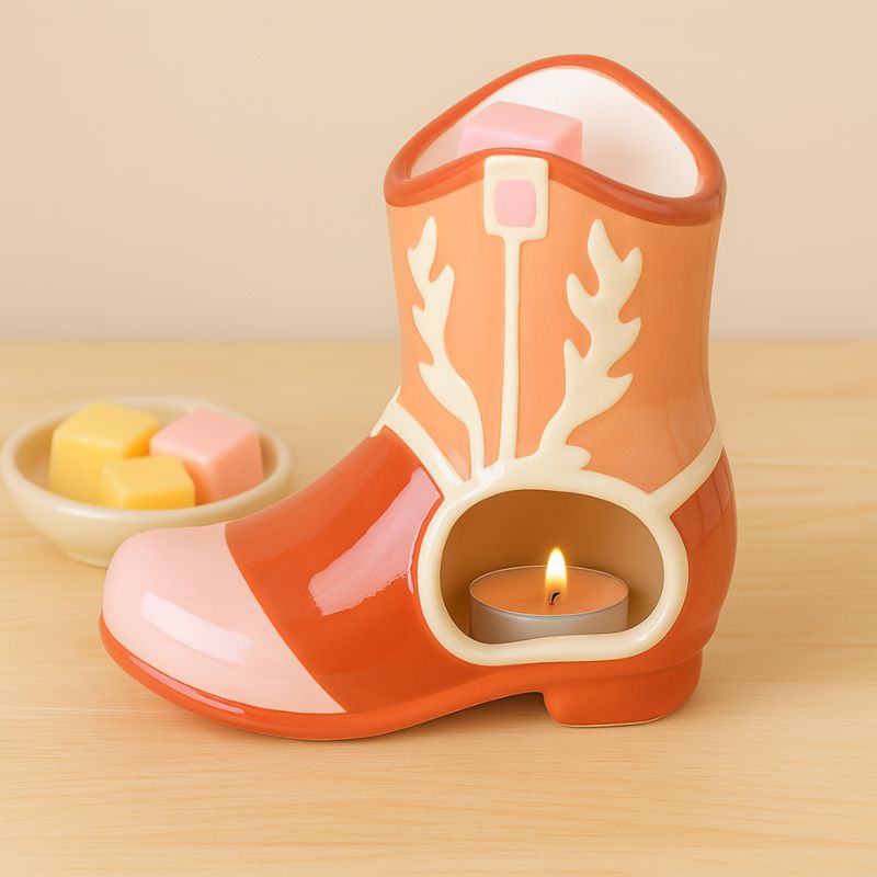Brule Parfum Far West Botte Western en céramique orange et rose, en forme de botte cowboy, avec bougie chauffe-plat allumée et fondants parfumés à côté, présenté sur table en bois.