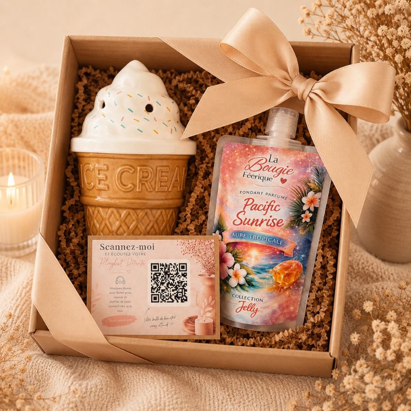 Coffret cadeau avec Brule Parfum Glace Italienne Gourmande, fondant parfumé Jelly Pacific Sunrise et carte QR code détente.