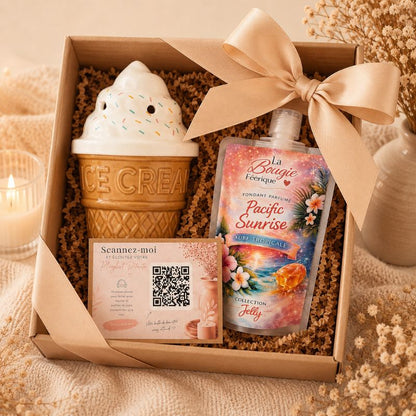 Coffret cadeau avec Brule Parfum Glace Italienne Gourmande, fondant parfumé Jelly Pacific Sunrise et carte QR code détente.