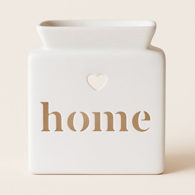 Brule Parfum Home Minimaliste blanc avec inscription ajourée « home » et cœur en relief, design épuré et sur fond beige clair.