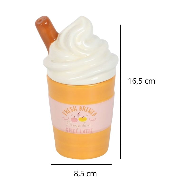 Brule Parfum Latte Gourmand en céramique, avec ses dimensions et sur fond blanc.