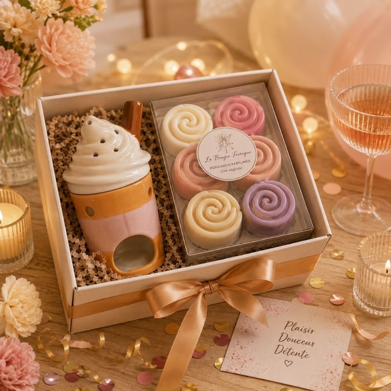 Brule Parfum Latte Gourmand présenté dans un coffret cadeau avec une boîte de fondants parfumés spirales, idée cadeau élégante pour parfumer la maison.
