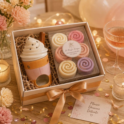 Brule Parfum Latte Gourmand présenté dans un coffret cadeau avec une boîte de fondants parfumés spirales, idée cadeau élégante pour parfumer la maison.
