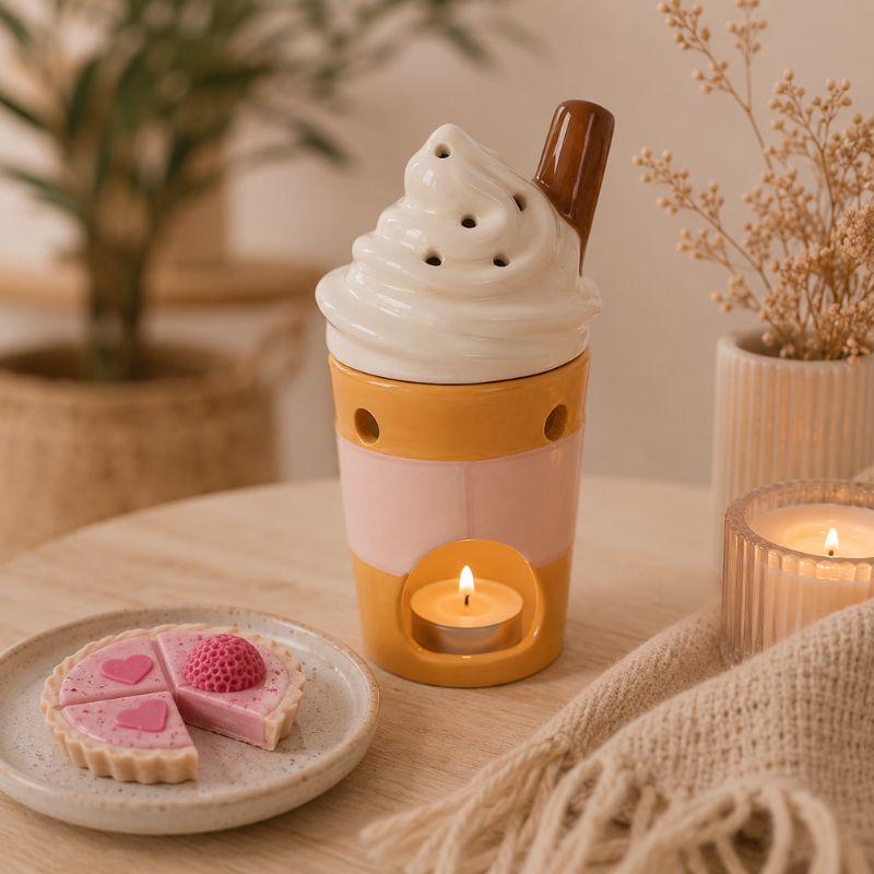 Brule Parfum Latte Gourmand avec bougie chauffe-plat allumée et fondant parfumé tartelette fraise découpé, dans une ambiance scandinave chaleureuse.