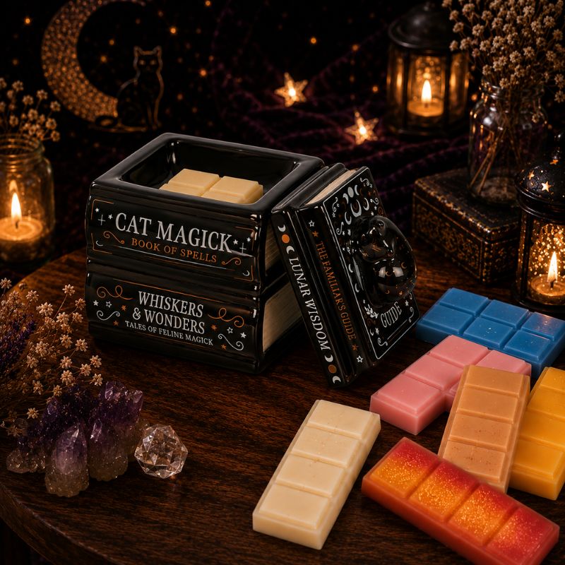 Brule Parfum Livre Magique Chat Noir ouvert avec fondants parfumés pour créer une ambiance chaleureuse et originale.