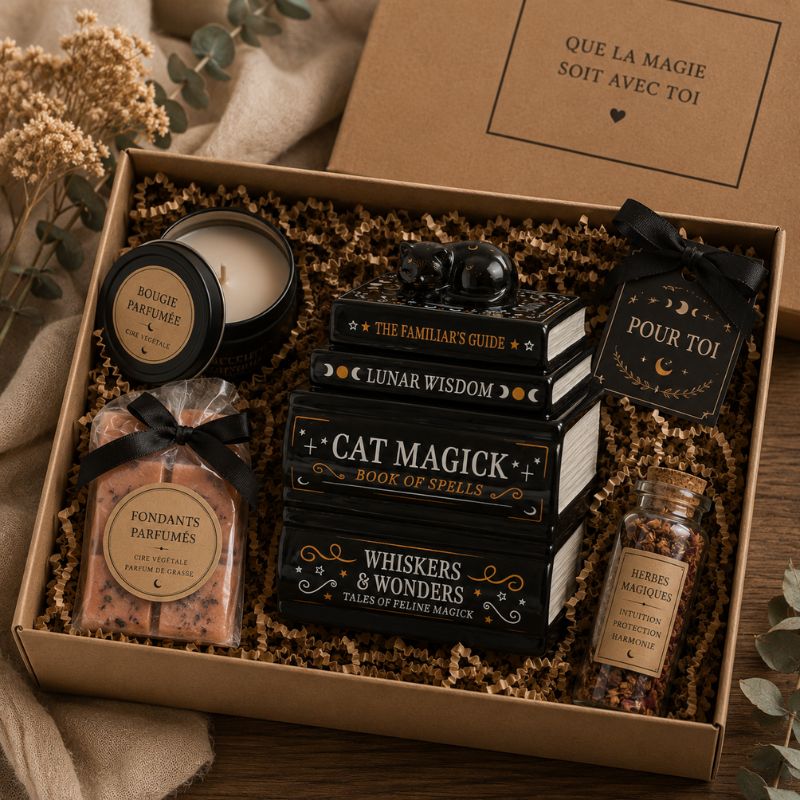Coffret cadeau Brule Parfum Livre Magique Chat Noir avec fondants parfumés, bougie et accessoires décoratifs.