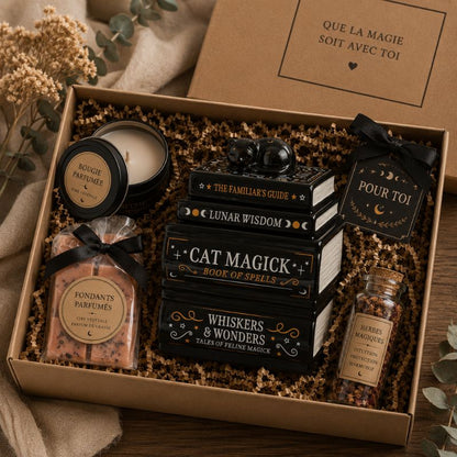 Coffret cadeau Brule Parfum Livre Magique Chat Noir avec fondants parfumés, bougie et accessoires décoratifs.
