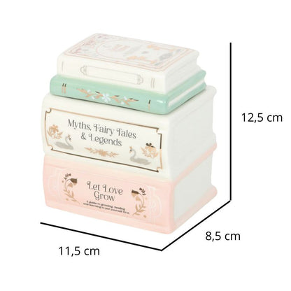Brule Parfum Livre des Merveilles en céramique, avec ses dimensions et sur fond blanc.