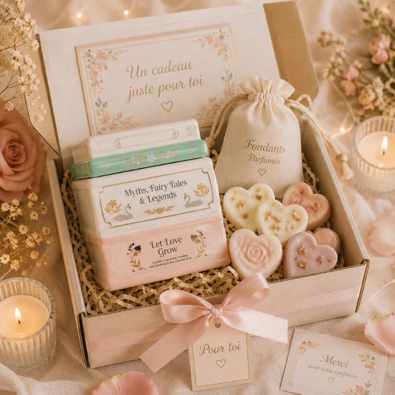 Brule Parfum Livre des Merveilles dans un coffret cadeau avec fondants parfumés, idée cadeau romantique pour une ambiance chaleureuse et parfumée.