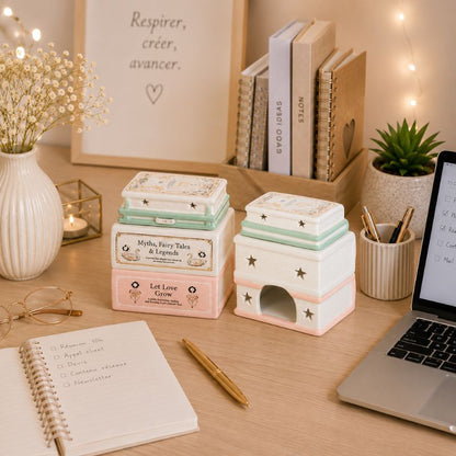 Brule Parfum Livre des Merveilles sur un bureau dans un espace de travail élégant, décoration en céramique pour fondants parfumés.