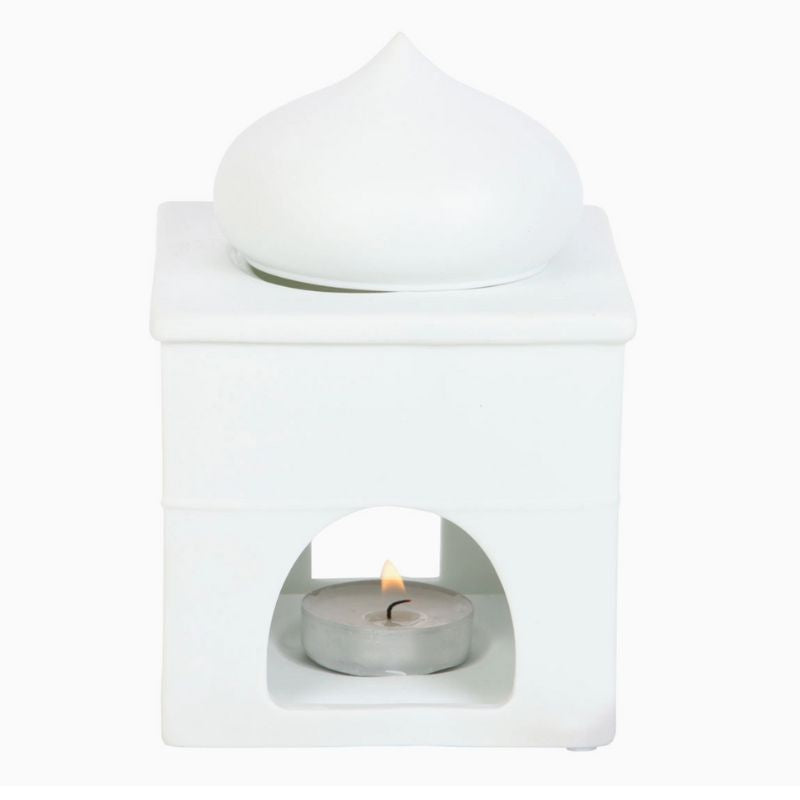 Brule Parfum Lueur d’Orient, on voit l’arrière du brûleur où on insère la bougie chauffe-plat. Sur fond blanc.