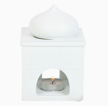 Brule Parfum Lueur d’Orient, on voit l’arrière du brûleur où on insère la bougie chauffe-plat. Sur fond blanc.