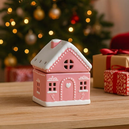 Brule Parfum Maison Pain D'Épices Rose, elle est posée sur une table en bois et dans une ambiance de Noël.